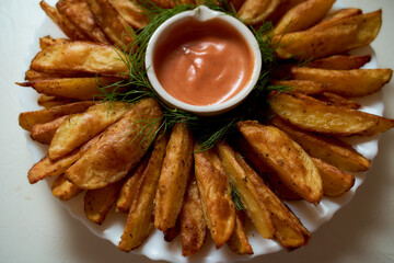 potatoes cut into slices lies lying on a white plate. Sauce with ketchup