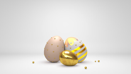 Three realistic Easter eggs with gold decoration and gold patterns, 3D render, white studio background.