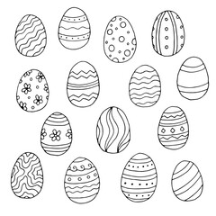 Set of Easter eggs. Doodle. Vector. Hand-drawn illustration. Coloring. Black and white outline. Silhouette.