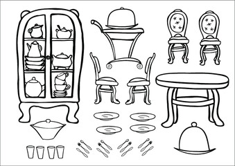 Ready to print vector coloring page of the furniture for dining room with chairs, table, buffet, dishes, and other equipment