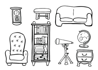 Ready to print vector coloring page of the furniture for library room with an armchair, globe, telescope, and other equipment