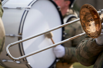 musicians of the military brass band plays the musical instruments