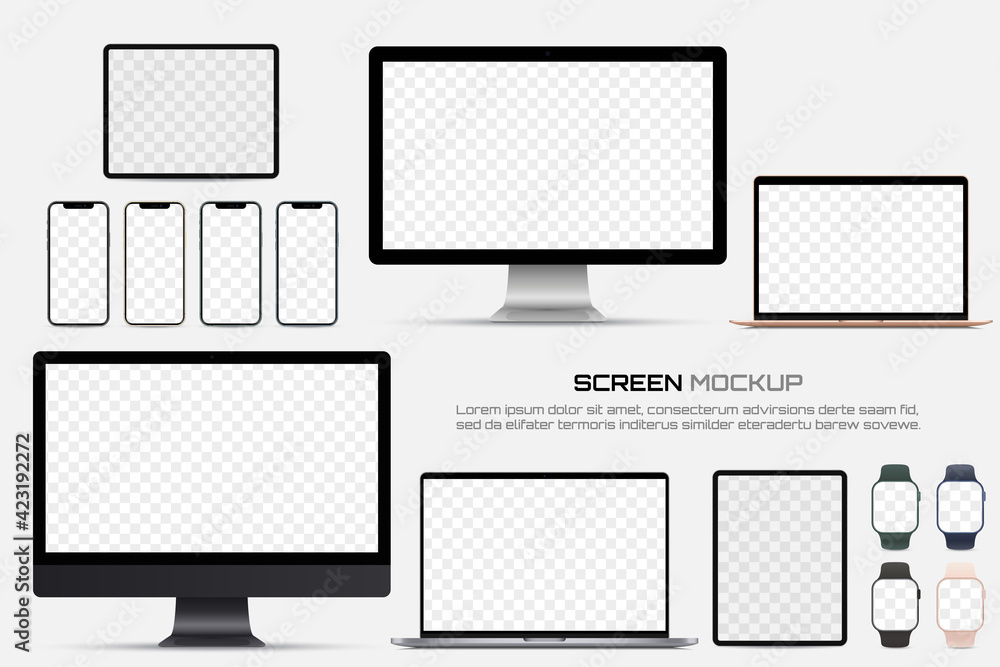 Poster computer monitor, laptop, tablet, smartphone and smart watch with blank screen. mockup of screen dev