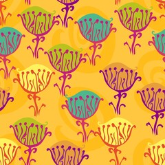 Bold And Vibrant Multicolor Fantasy Wildflower Repeat Pattern With Hot Cerise Pink, And Purple On Mustard Yellow