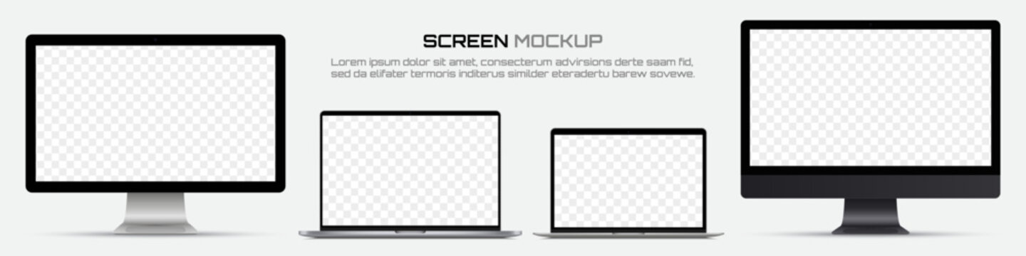 Computer monitors and laptops with blank screen. Mockup of screen device