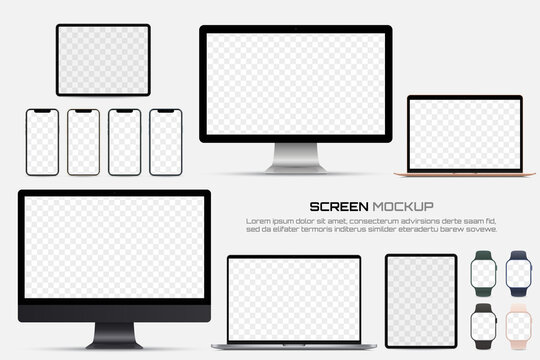 Computer monitor, laptop, tablet, smartphone and smart watch with blank screen. Mockup of screen device