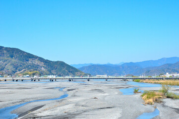流れ始めた早春の安倍川の風景
