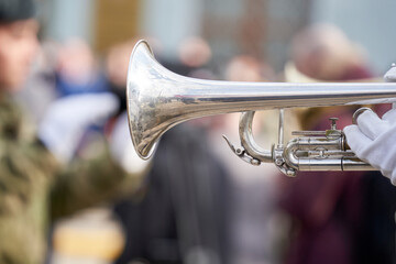 musicians of the military brass band plays the musical instruments