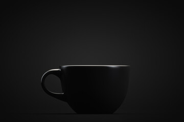 Black mug on a black background. Drinks theme. Design element.