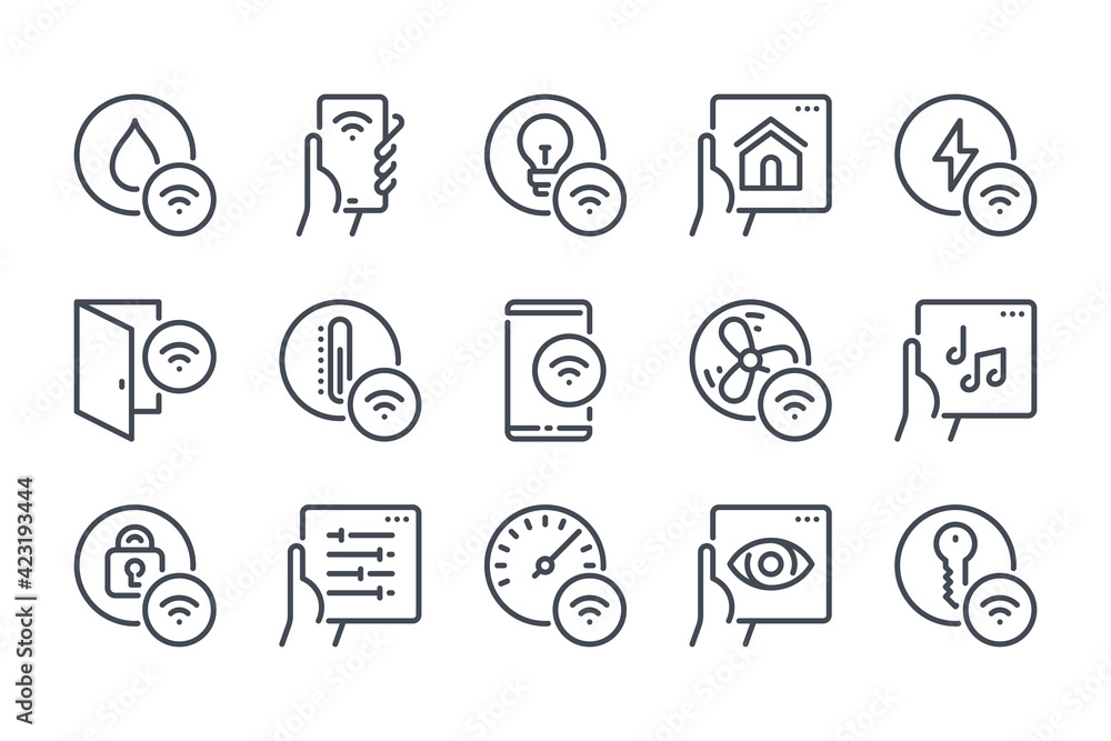 Poster smart house remote control line icon set. smart home network system and management linear icons. ind