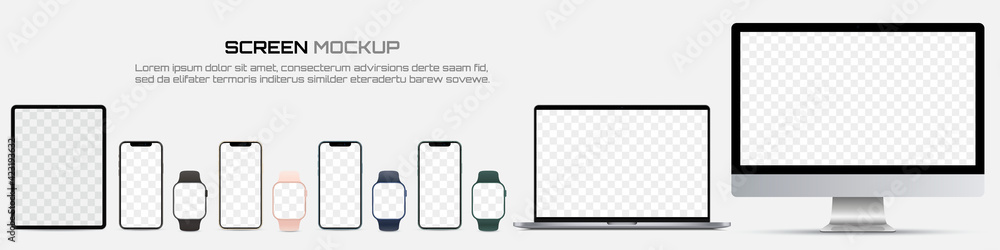 Poster computer monitor, laptop, tablet, smartphone and smart watch with blank screen. mockup of screen dev
