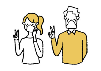 ピースサインしている男女2人_マスク01