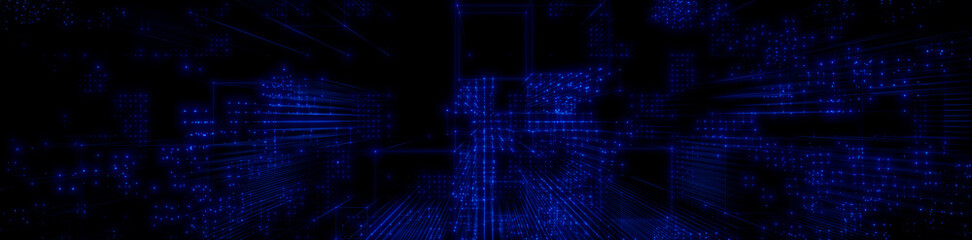 Futuristic, Blue Digital Grid background. Network Tech Wallpaper Banner. 3D Render 