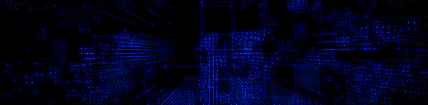 Futuristic, Blue Digital Grid Background. Network Tech Wallpaper Banner. 3D Render 