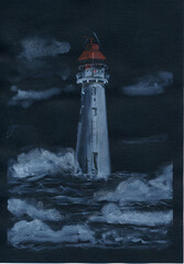 The lighthouse and the raging sea. Drawing in white watercolor on black paper