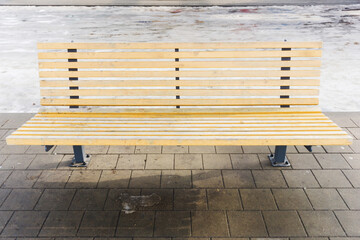 Waiting room bus station. Outdoor bus platform. Departure terminal background. Wooden bench for...