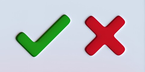 Obraz premium Green checkmark and red cross sign on white background. 3d rendering