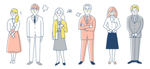 ビジネスパーソン　困った表情　男女6人全身　セット