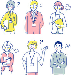 ビジネスパーソン　困った表情　男女6人上半身　セット