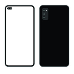 Black flat modern smartphone, front and back view on isolated background, vector illustration. Mock up, design template