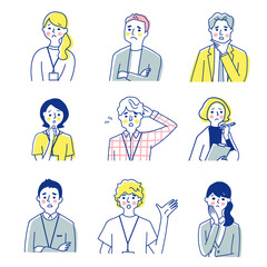 ビジネスパーソン男女9人　困った表情　バストアップ　セット