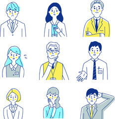 ビジネスパーソン男女9人　困った表情　バストアップ　セット