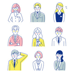 ビジネスパーソン男女9人　困った表情　バストアップ　セット