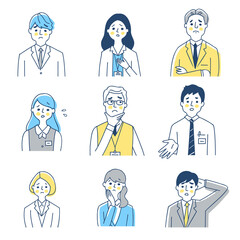 ビジネスパーソン男女9人　困った表情　バストアップ　セット