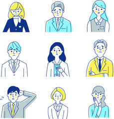 ビジネスパーソン男女9人　困った表情　バストアップ　セット