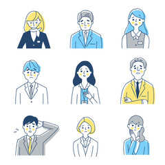 ビジネスパーソン男女9人　困った表情　バストアップ　セット