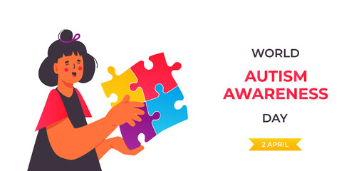 World Autism Awareness Day. 2 april. Woman or girl with autistic spectrum disorder. Holding big multicolored puzzle pieces. Healthcare and medical concept. Isolated on white background.