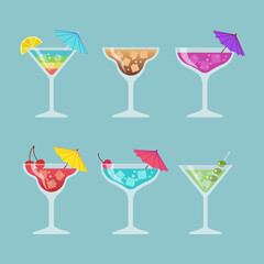 Set of different drinks and cocktails on blue background. Vector illustration.