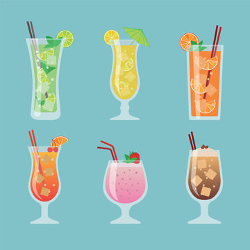 Set of different drinks and cocktails on blue background. Vector illustration.