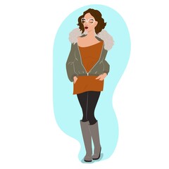 Stylish girl in a green down jacket with a bag, fashionable hairstyle, coral scarf and gloves scarf, white glasses, blue jeans with abrasions, vector fashion illustration.