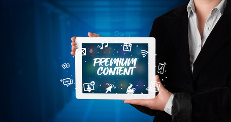 Person holding tablet, social network concept