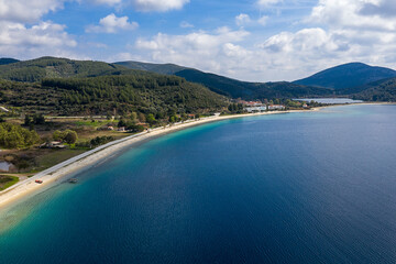 Top view of Mediterranean sea landscape in summer Greece, Halkidiki island, Sithonia, Europe. Panorama of sea bay coast with clear blue sky copy space background