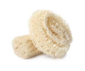 Natural shower loofah sponges on white background