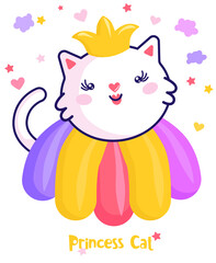 Flat Princess Cat, cartoon. Child vector. Happy summer holiday. Perfect for Nursery kids, greeting card, baby shower girl, fabric design.