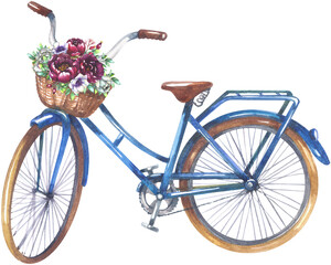 Fototapeta na wymiar Blue women's bicycle with a basket and peonies