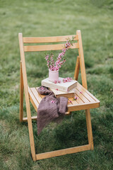 Wooden folding chair, stands on the green grass. There is a stack of thick books in a light cover. At the top is a pink vase with pink almond blossoms. Spring bloom. Reading books in the park. Spring.