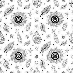 Black outline seamless pattern in modern mystical style. Vector boho illustrations. Hand drawn sun, feathers and crystal.