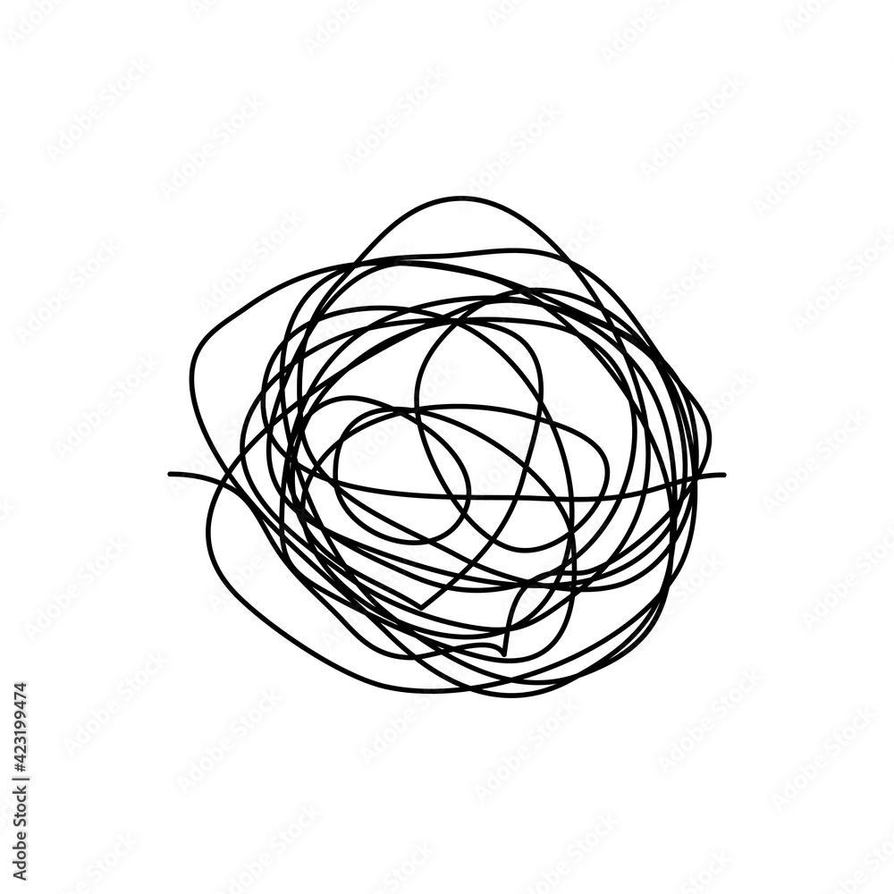 Poster chaotic line. complicated way with scribbled round element. pass way linear. chaos symbol. vector il