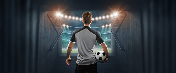 a soccer player with the ball on the green field in soccer stadium. ready for game. - Powered by Adobe