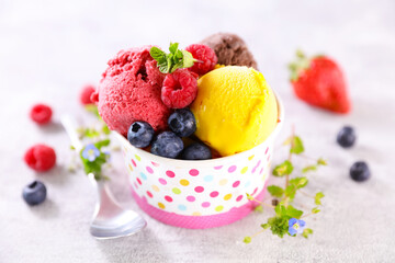 scoop of chocolate,  strawberry and mango ice cream