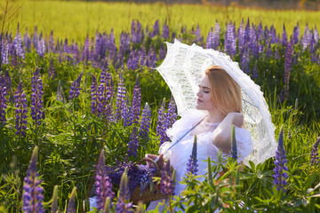 A gentle young long-haired girl in a white dress among a purple field, holds a lace umbrella and a basket with lupins. The concept of nature and romance.