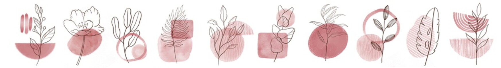 Set of abstract floral pastel line art elements.