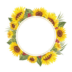 Round frame with watercolor sunflowers on a white background. In the center is a place for your text.