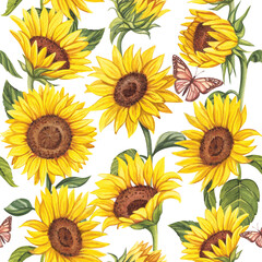 Naklejka na ściany i meble Watercolor pattern with sunflowers and butterflies on a white background. Bright summer background.