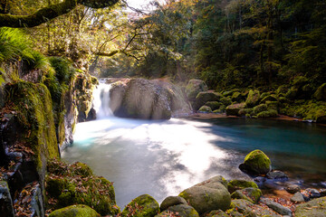 A Waterfall in Kikuchi Valley during the autumn (A hidden place in Kumamoto, Japan)