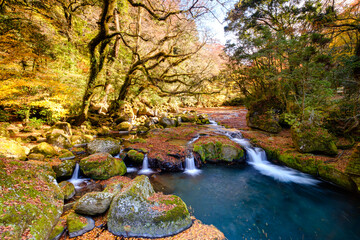 A Waterfall in Kikuchi Valley during the autumn (A not well-known place in Kumamoto, Japan)